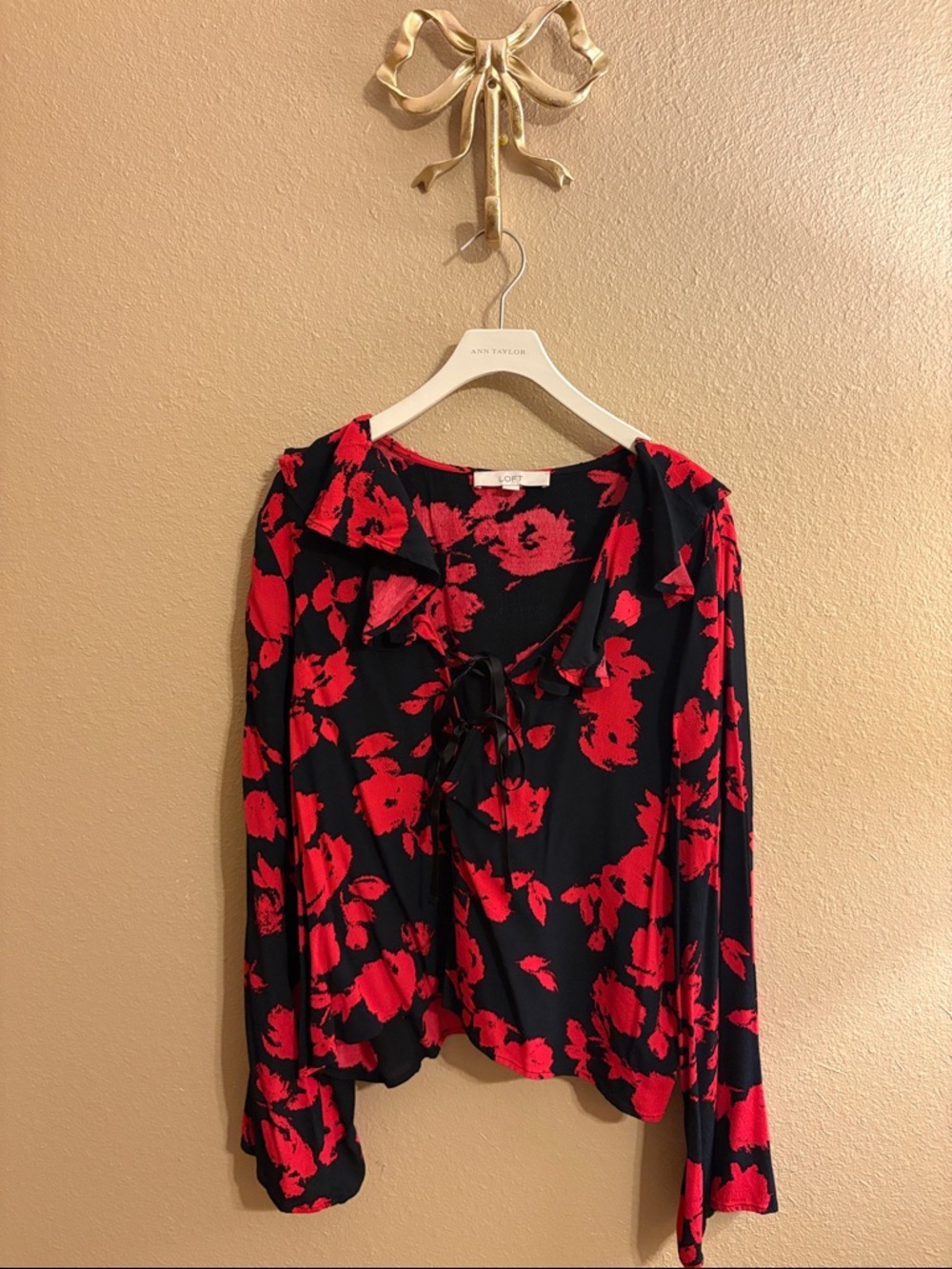 LOFT Red Floral Tie-Front Blouse on Black